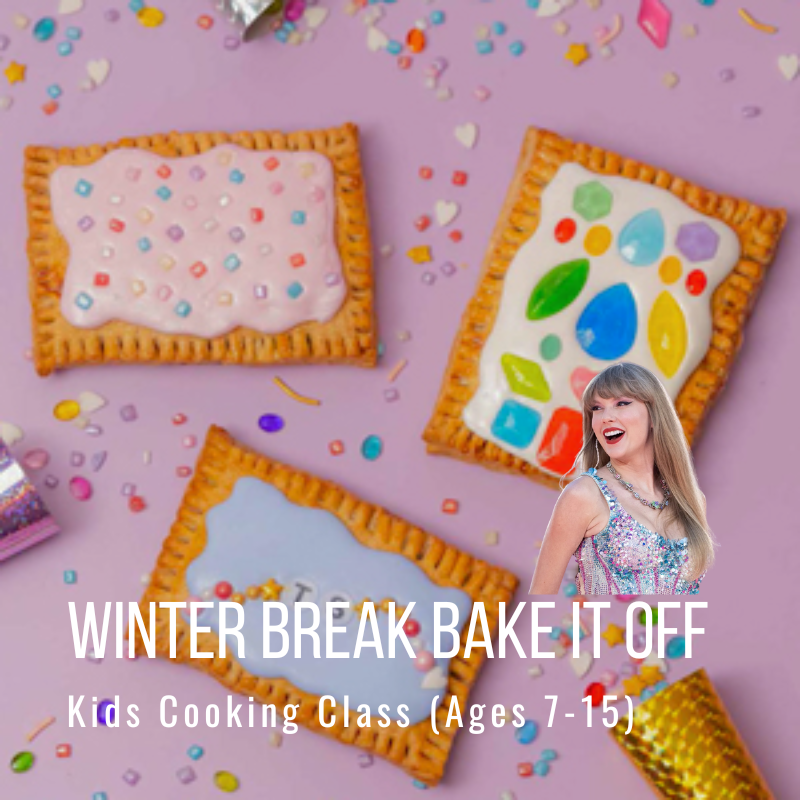 Decorated pastries with sprinkles on pink background, text: 'Winter Break Bake It Off, Kids Cooking Class'.