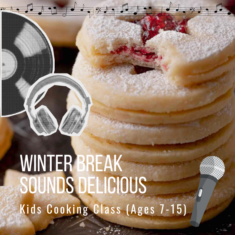 Stack of cookies with music notes, record, headset, and text promoting kids cooking class.