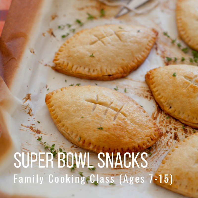 Football-shaped pastries on parchment paper with text: Super Bowl Snacks, Family Cooking Class (Ages 7-15).