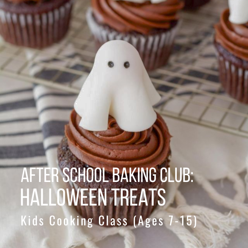 Cupcake with ghost decoration on striped cloth, text about Halloween baking class for kids.