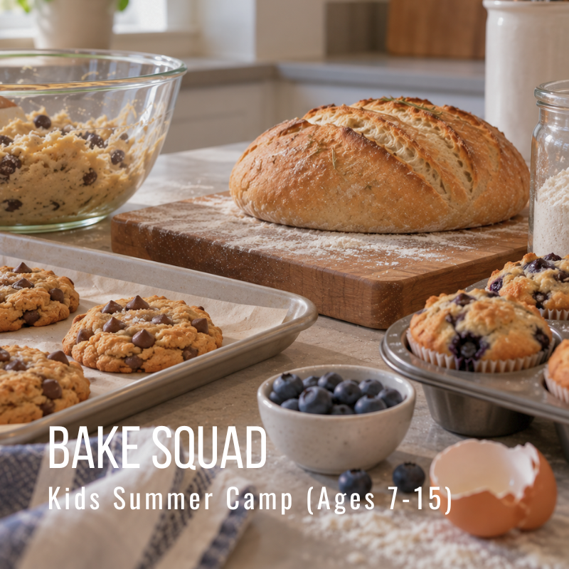 Freshly baked bread and cookies on a kitchen counter with bowls of blueberries