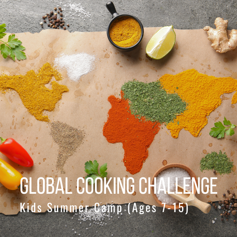 Spice world map on paper with text: Global Cooking Challenge, Kids Summer Camp (Ages 7-15).