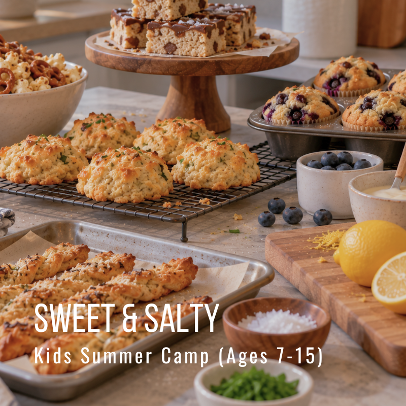 Assorted baked goods and bowls, text 'Sweet & Salty Kids Summer Camp (Ages 7-15)' overlayed.