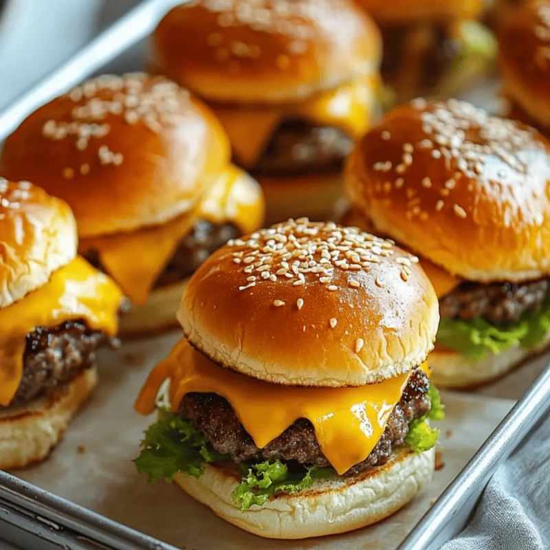 Tray of cheeseburgers with sesame buns and lettuce.