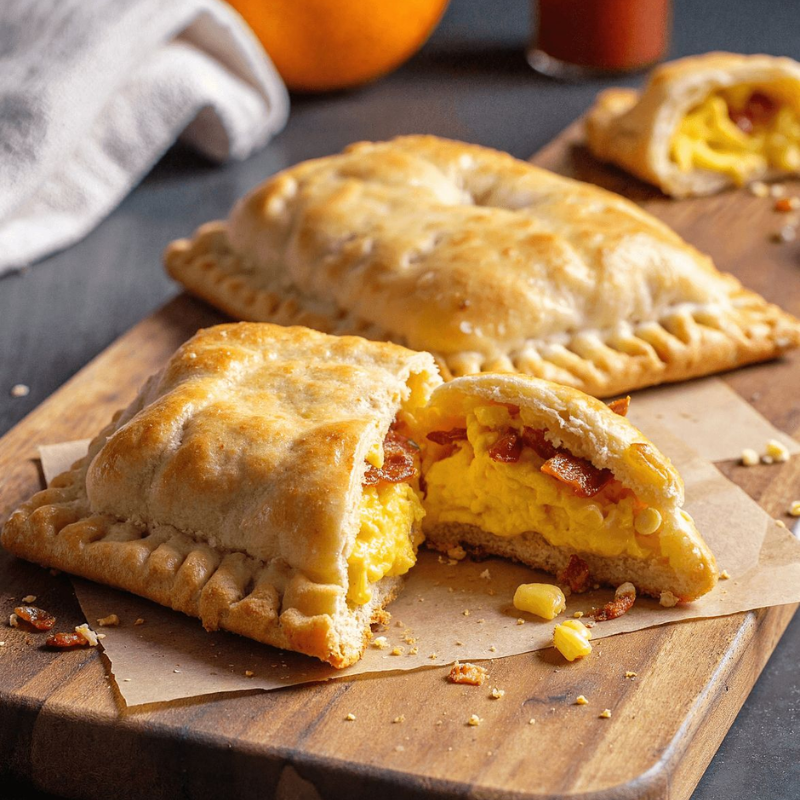 Breakfast pastry with egg and bacon filling on a wooden board.