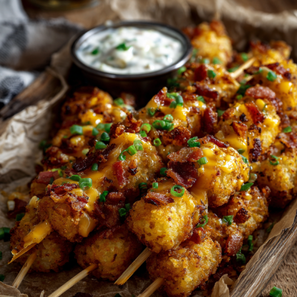 Cheesy tater tots skewers with bacon and chives, served with a creamy dip in a black bowl.