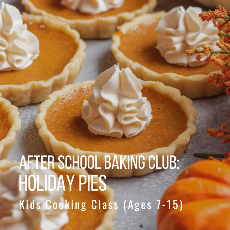 Pumpkin pies with whipped cream on top; Kids Cooking Class promotion on image.