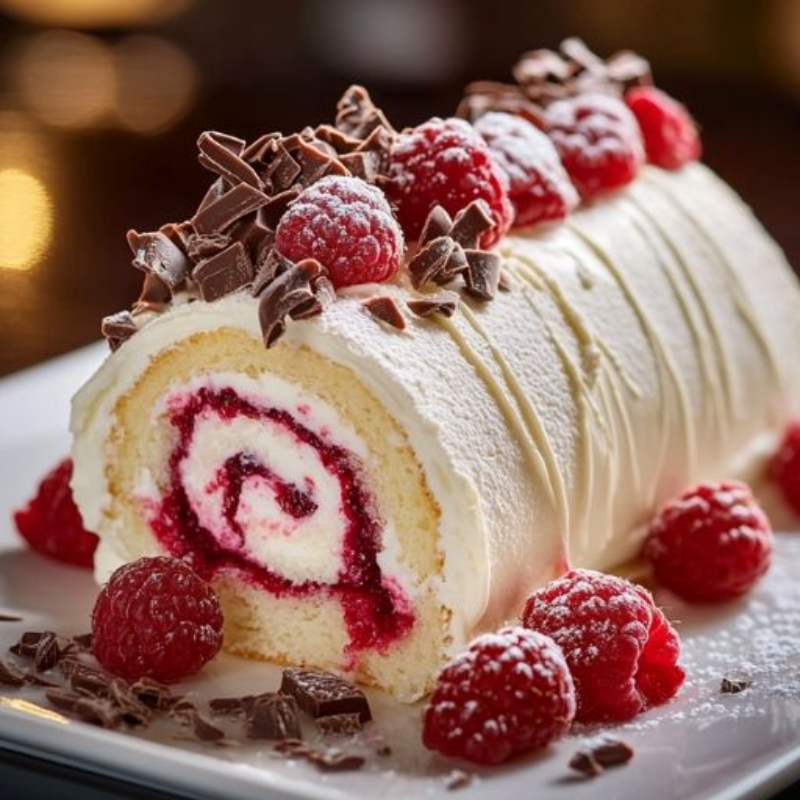 Raspberry Swiss roll topped with chocolate shavings and raspberries on a white plate.