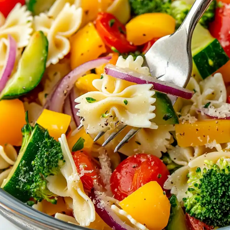 Close-up of a fork lifting pasta salad with vegetables like broccoli, tomatoes, and bell peppers.