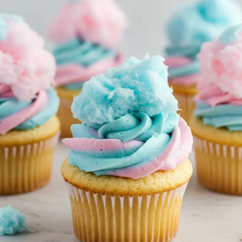 Vanilla cupcakes with pink and blue frosting topped with cotton candy on a white surface.