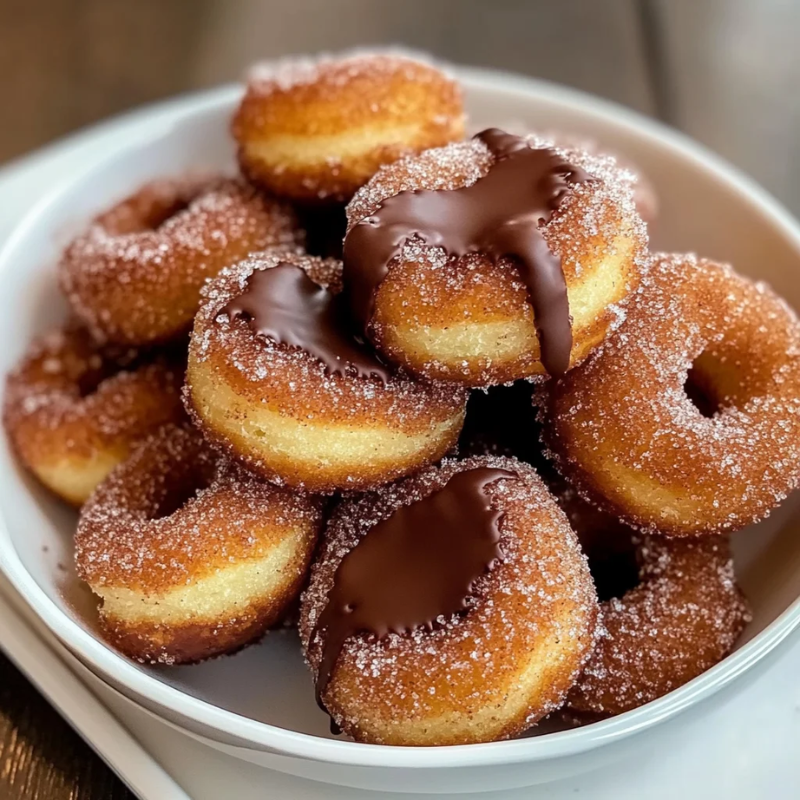 Pile of mini donuts with sugar and chocolate glaze on a white plate.