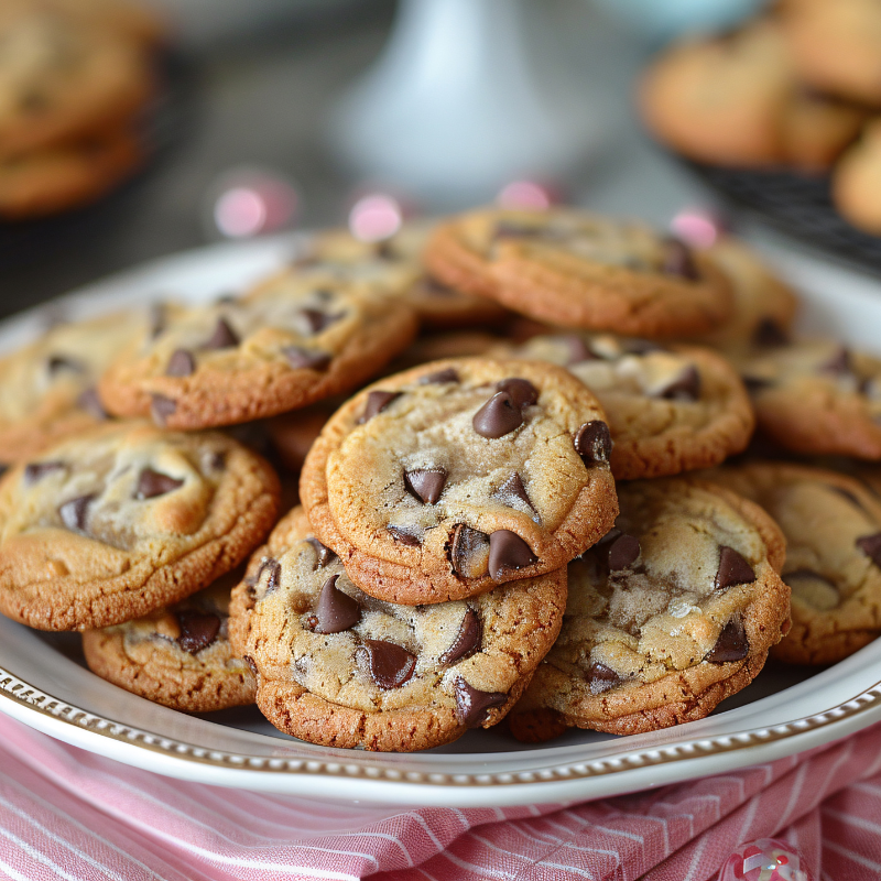 Plate of chocolate chip cookies on a pink-striped cloth.