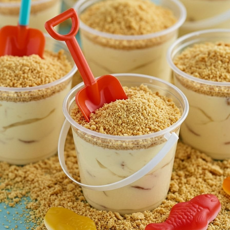 Cups of dessert with crumb topping and toy shovels