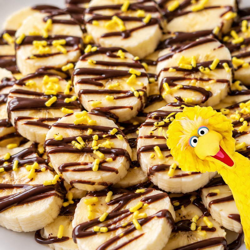 Banana slices drizzled with chocolate and yellow sprinkles, featuring a cartoon bird.