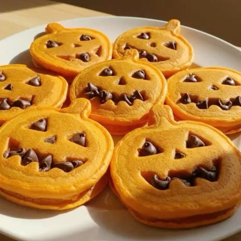 Plate of pumpkin-shaped cookies with chocolate faces.