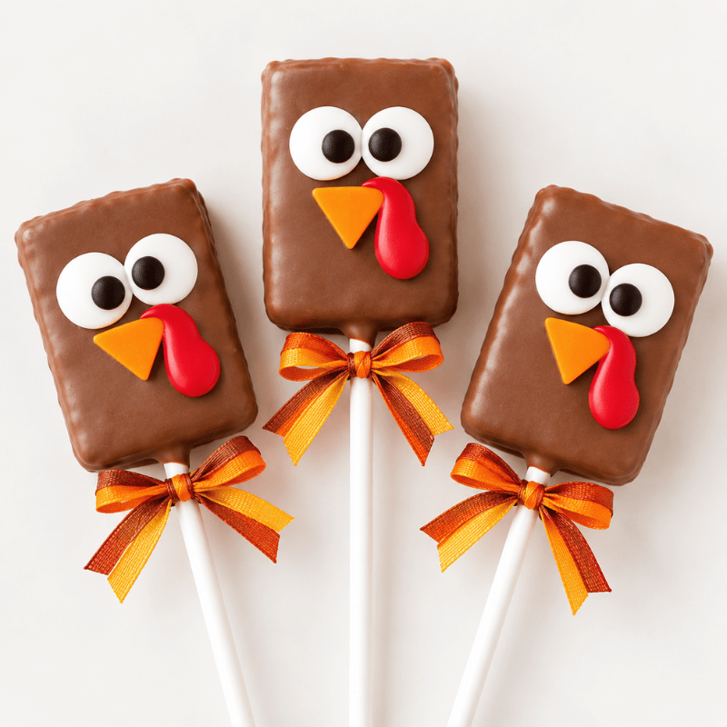 Three turkey-shaped chocolate pops with googly eyes and ribbons.