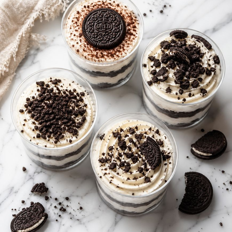 Four glass cups of layered desserts with cookies on a marble surface.