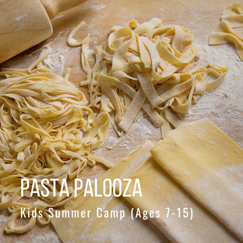 Fresh pasta sheets and strands on a floured surface with event text overlay.