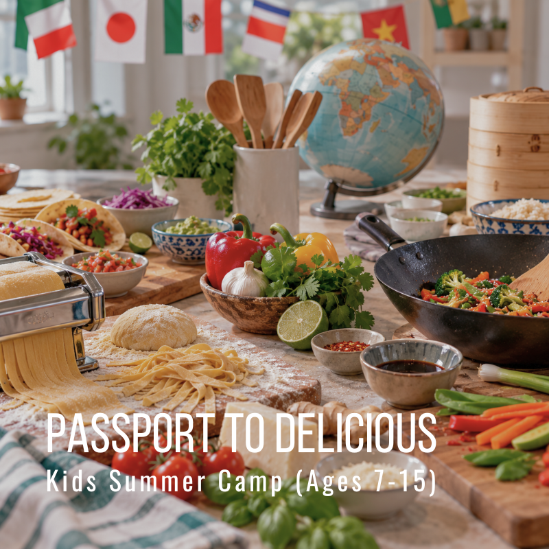 Cooking ingredients and pasta maker on a table, with globe and text about kids' summer camp.