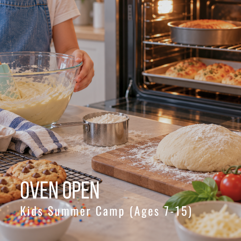 Person baking with dough, cookies, and open oven in kitchen.