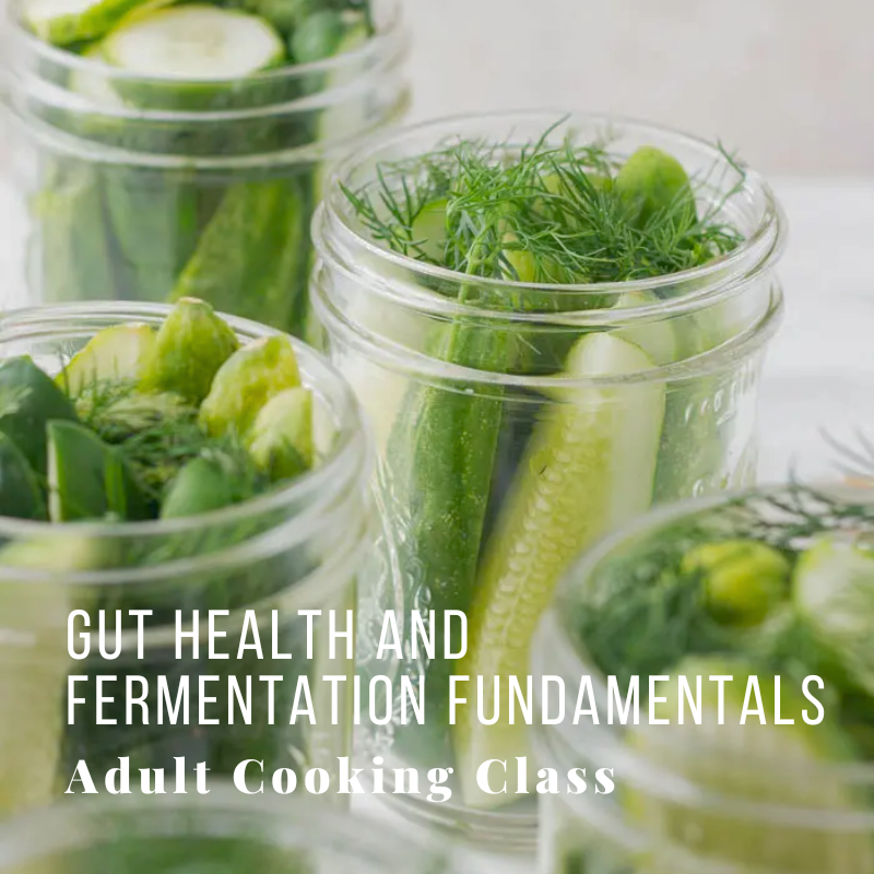 Jars of sliced cucumbers and herbs with text about gut health cooking class.