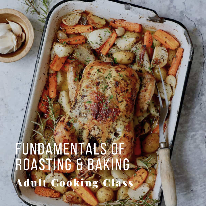 Roasted chicken with vegetables in a pan, text about cooking class on top.