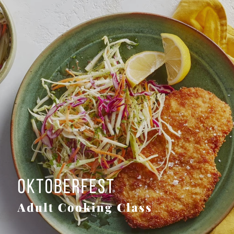 Plate with schnitzel, coleslaw, and lemon wedge next to text 'Oktoberfest Adult Cooking Class'.