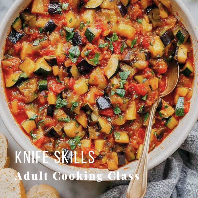 Bowl of chunky vegetable stew with a spoon, text 'Knife Skills Adult Cooking Class'.