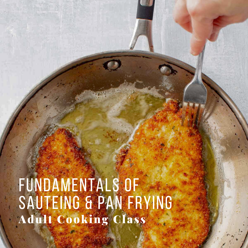 Two breaded cutlets frying in a pan with text overlay about a cooking class.