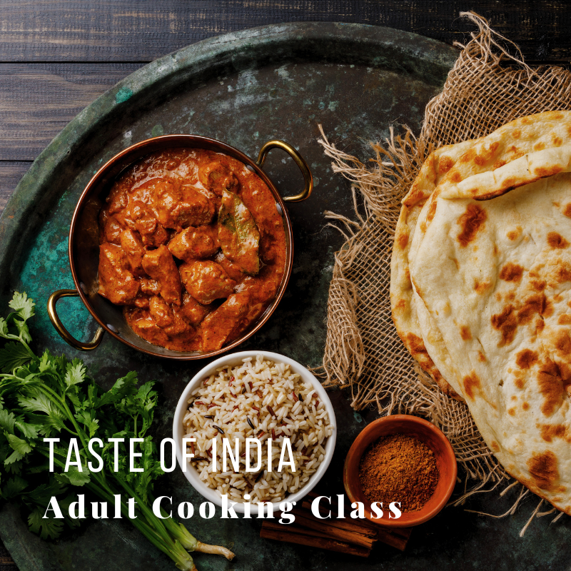 Indian curry, rice, and naan on a tray with class promo text.