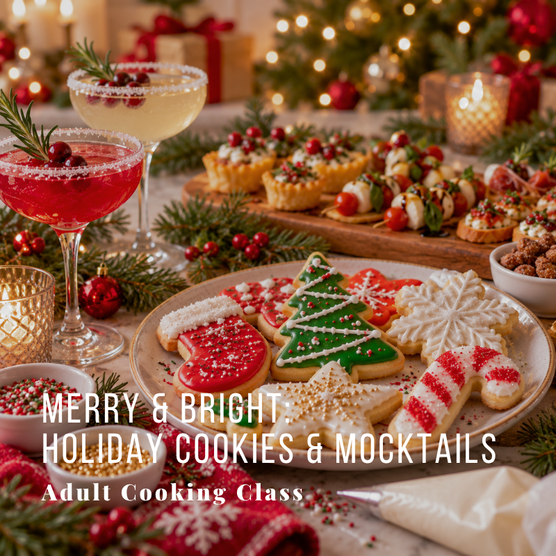Festive holiday cookies and mocktails with decorations.