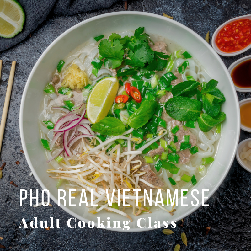 Bowl of Vietnamese pho with herbs, lime, and text promoting a cooking class.