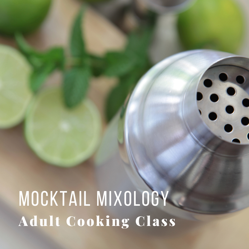 Cocktail shaker, limes, mint, text: 'MOCKTAIL MIXOLOGY Adult Cooking Class'.