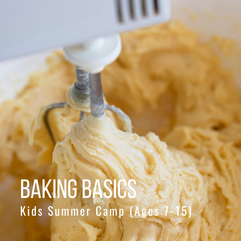 Mixer beating dough with text 'Baking Basics Kids Summer Camp (Ages 7-15)'