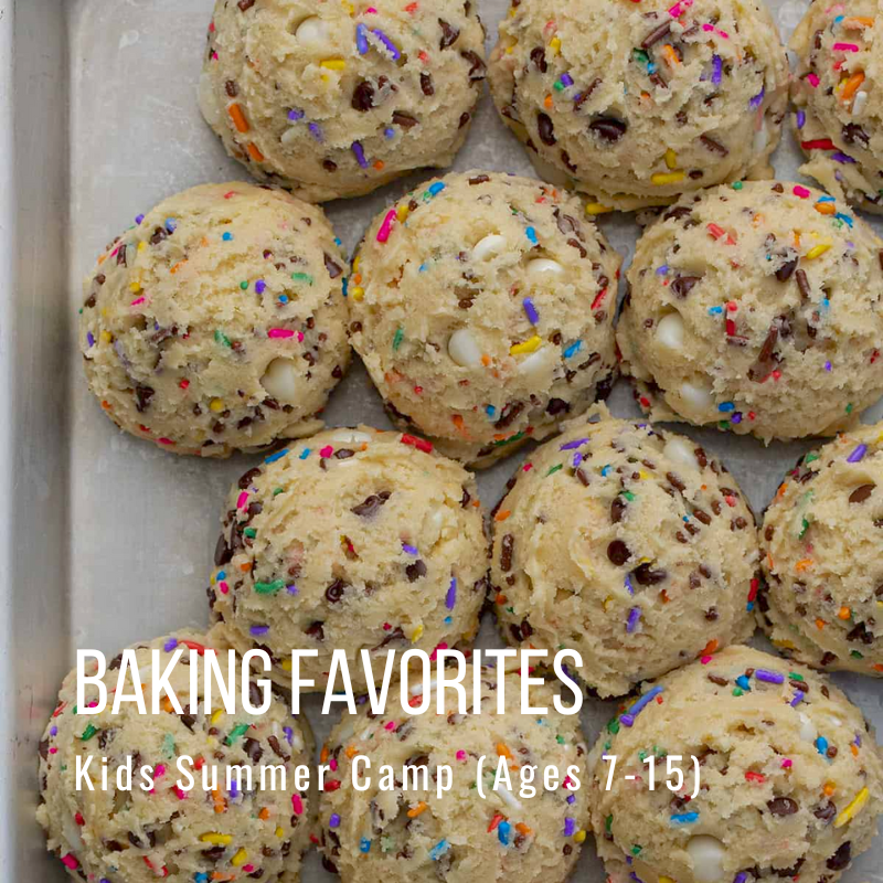 Cookie dough balls with sprinkles on a baking tray, text: Baking Favorites, Kids Summer Camp (Ages 7-15).