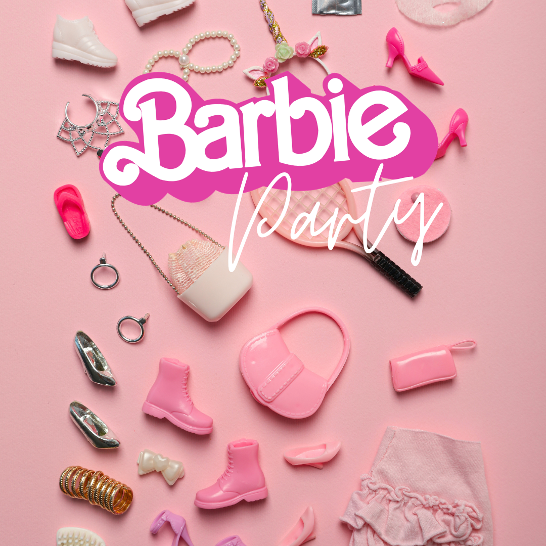 Barbie party theme with pink accessories and shoes on a pink background.