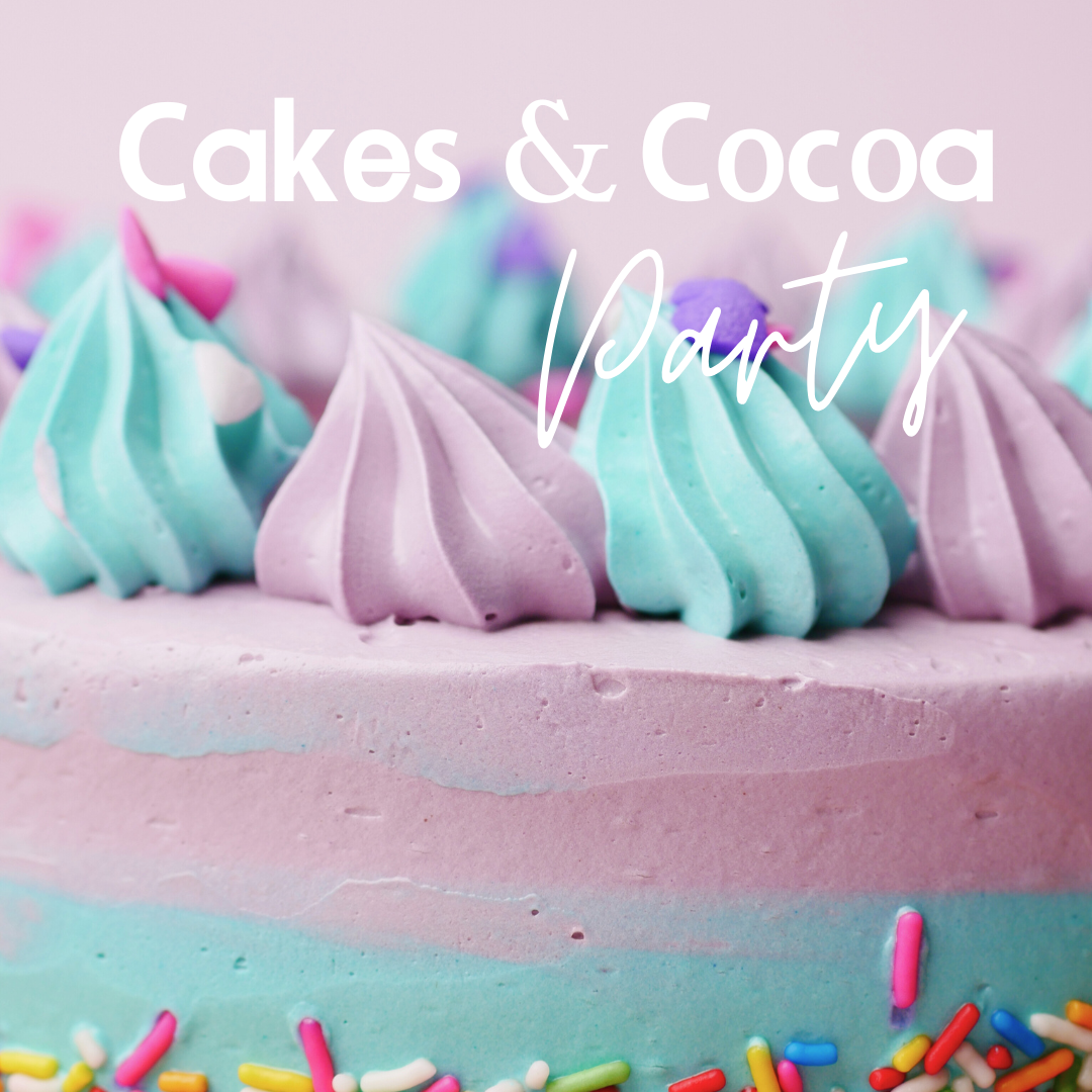 Cake with pastel icing dollops and sprinkles, 'Cakes & Cocoa Party' text overlay.
