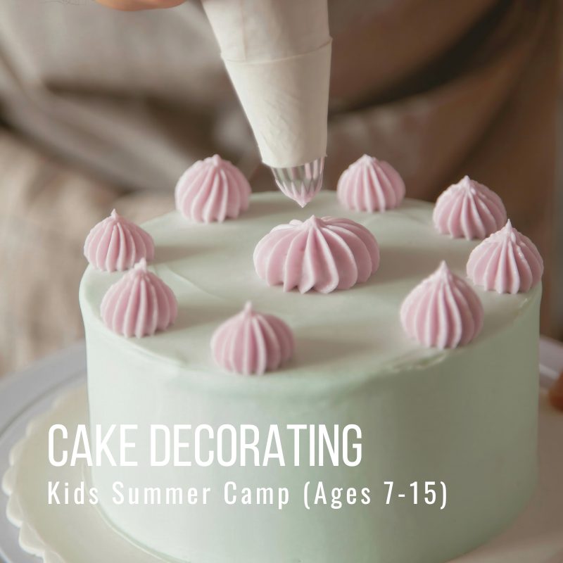 Piping pink frosting onto a white cake with text: Cake Decorating Kids Summer Camp (Ages 7-15).