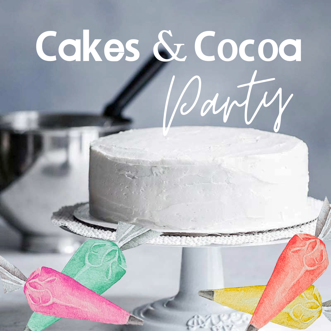White cake on stand with icing bags, text: Cakes & Cocoa Party.
