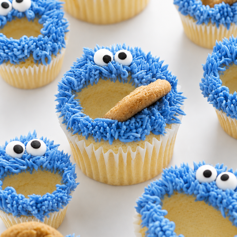 Cupcakes decorated like blue furry monsters with googly eyes and cookies.