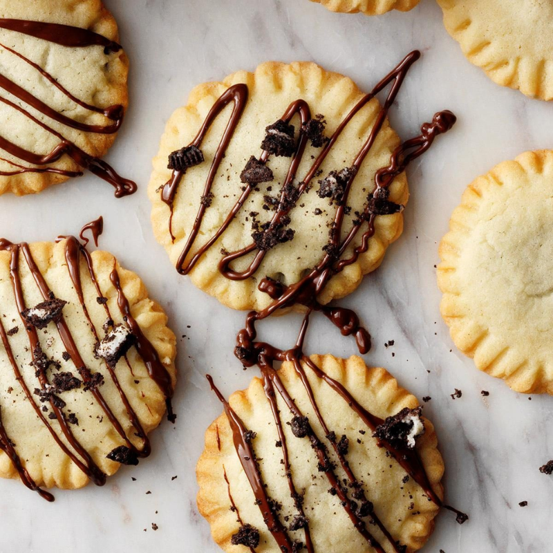 Cookies drizzled with chocolate and topped with crumbled cookies on a marble surface.