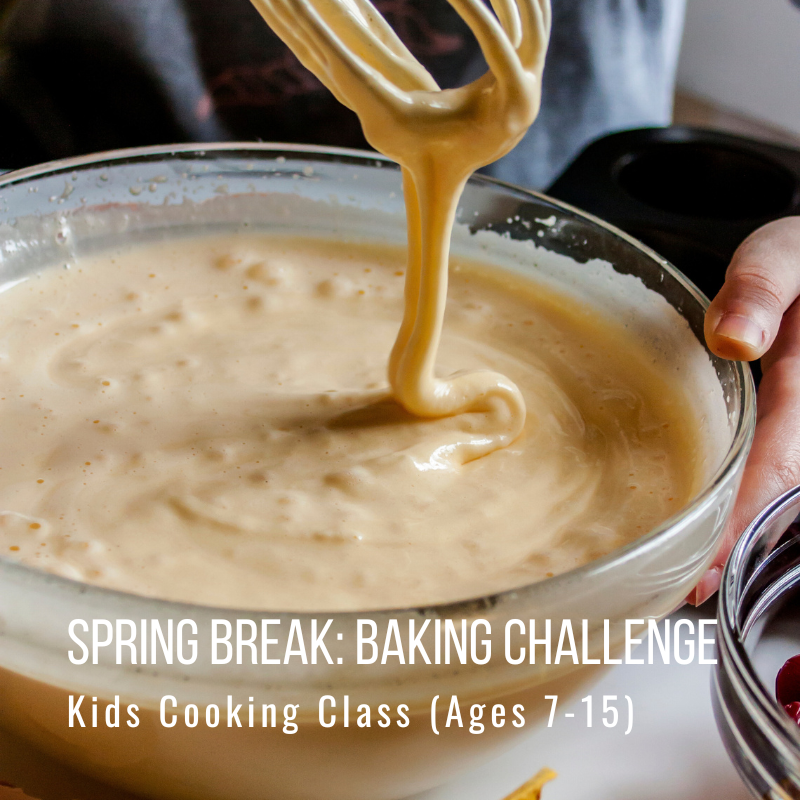 Person mixing batter in a glass bowl with text about a kids baking class.