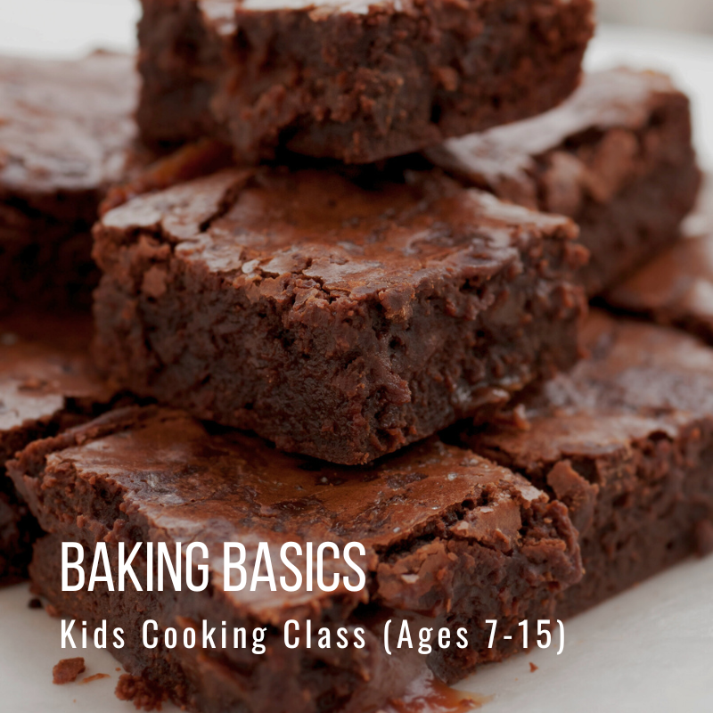 Stack of chocolate brownies with 'Baking Basics: Kids Cooking Class' text overlay.