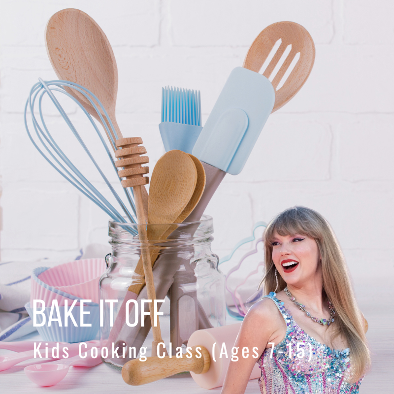 Kitchen utensils in jar with person smiling, text: 'BAKE IT OFF Kids Cooking Class (Ages 7-15)'.