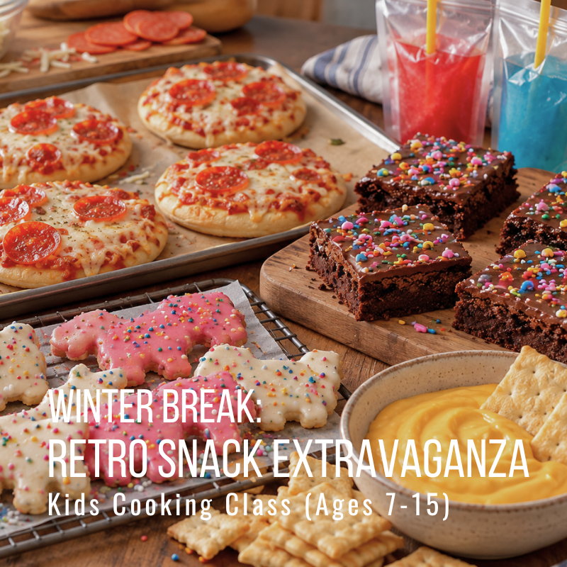 Retro kids snack class with pizzas, brownies, and colorful drinks on a table.