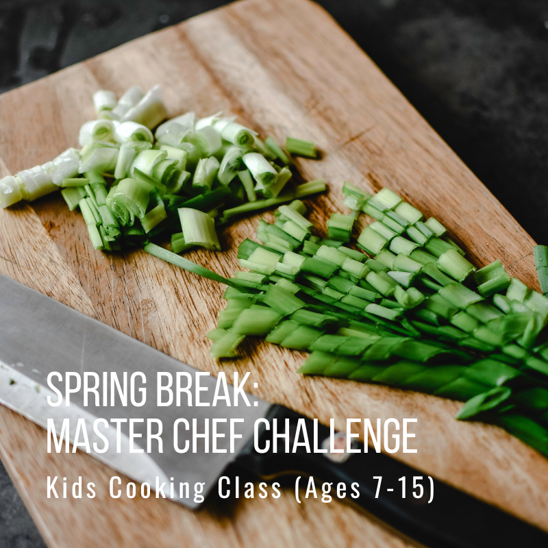 Chopped green onions on a cutting board with knife; text about a kids' cooking class.