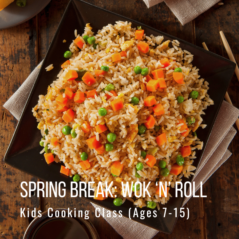 Fried rice with carrots and peas on a plate with text promoting a kids cooking class.