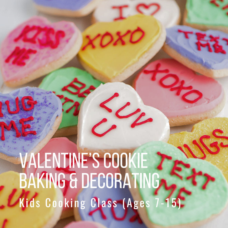 Heart-shaped cookies with messages like 'LUV U' and 'XOXO' for a kids' Valentine baking class.