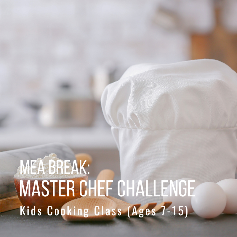 Chef hat with cooking utensils and text: Master Chef Challenge, Kids Cooking Class Ages 7-15.