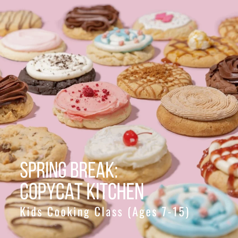 Assorted frosted cookies on pink background, text about kids cooking class.
